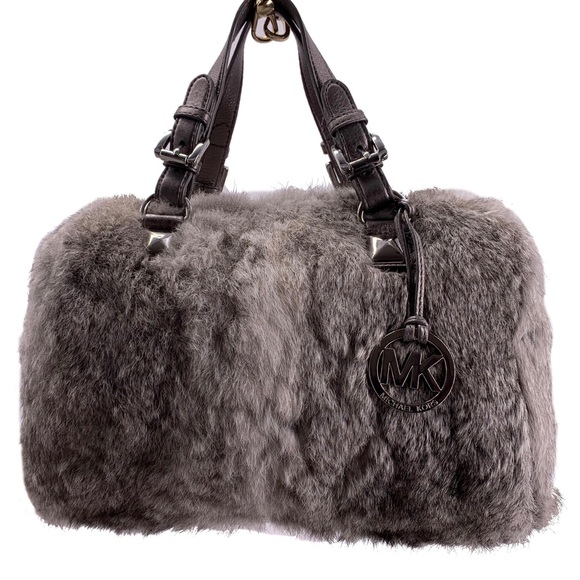 SOLD - MICHAEL KORS LUXURIOUS SILVER RABBIT FUR SATCHEL - Picture 1 of 8